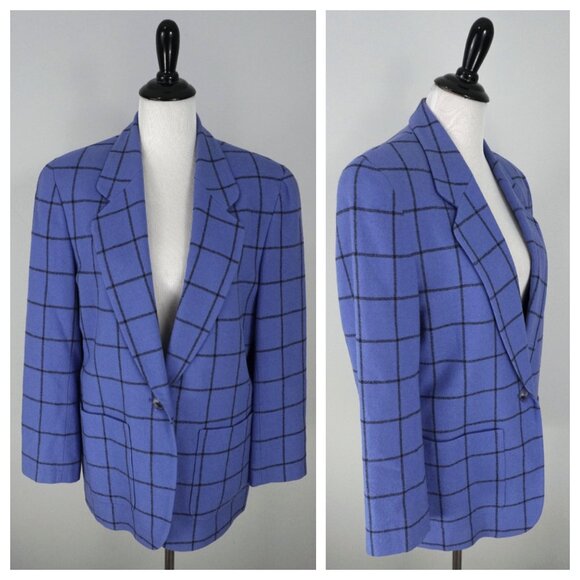 Pendleton Blue Black Striped Check 1 Button Virgin Wool Blazer Coat Size 16 BVM - Picture 1 of 5